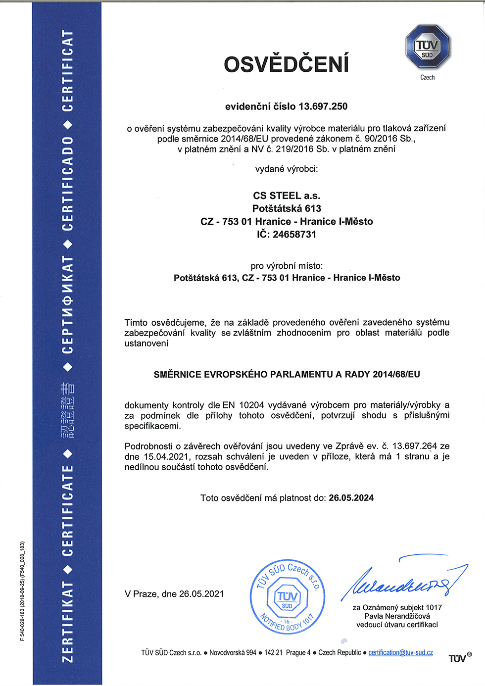 Certifikát_CZ-1 Certifikát_CZ-1